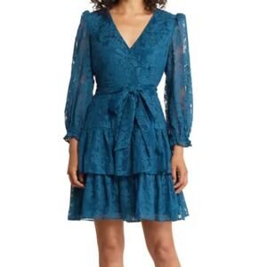 Eliza J long sleeve tiered faux wrap dress teal size 10